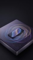 Smartphone with glowing wireless energy waves on dark platform, representing 5G technology, wireless charging, and mobile connectivity for telecommunications and innovation concepts.