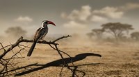 African hornbill perched on thorny branch in arid savanna landscape with acacia trees under dramatic cloudy sky during golden hour wildlife photography.