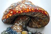 Vibrant fantasy mushroom with mosaic pattern of orange, blue and silver dots on cap, detailed gills underneath, artistic nature illustration for fairy tale designs.