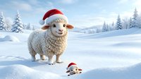 Cute sheep wearing red Santa hat standing in snowy winter landscape with small hedgehog companion, festive holiday scene for seasonal greeting cards and decorations.
