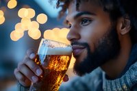 Young African American man with beard enjoying fresh draft beer in glass with bokeh lights background, close up portrait in evening atmosphere.