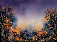 Halloween night scene with spooky trees, jack-o-lanterns and bats creating atmospheric border frame on purple orange gradient background for seasonal designs.