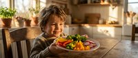 Happy young boy enjoying colorful fresh vegetables at kitchen table in warm sunlit home interior during healthy meal time.