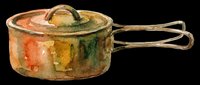 Vintage copper saucepan with lid and long handle, isolated on transparent background. Ready for design use on t-shirts, clipart, stickers, print-on-demand products, and sublimation projects.