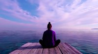 Young woman in meditation pose sitting on wooden pier at sunset, purple sky reflects in calm water surface creating serene atmosphere for wellness concept.