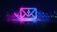 Neon email icon with lightning bolt glowing in vibrant pink and blue colors against dark futuristic background for digital communication concepts.