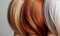 Close up of different hair colors ranging from platinum blonde to copper red and silver gray, showing smooth silky texture and natural hair movement.