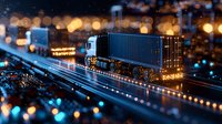 Cargo truck transporting container on night highway with blurred city lights and bokeh effect, logistics and freight transportation concept in miniature style.