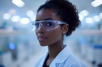 Young African American female scientist wearing protective eyewear in modern laboratory setting with blurred background and bokeh lighting effects. Professional medical research environment.