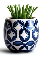 Fresh green chives in ceramic pot with navy blue floral pattern on white background. Isolated decorative kitchen still life for cooking and gardening concepts.