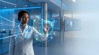 African American female doctor using futuristic holographic medical interface technology in modern hospital setting for healthcare innovation.