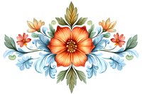 Decorative floral composition with orange blooms and blue ornamental elements on white background for greeting cards and textile design.