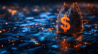 Digital money bag with dollar symbol on circuit board background with glowing orange and blue technology elements, representing cryptocurrency and fintech.