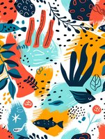Abstract marine pattern with coral, fish and seaweed in navy blue, orange and mint colors. Seamless repeat design for fabric, wallpaper and surface patterns.