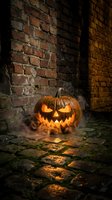 Carved jack-o'-lantern with glowing face against weathered brick wall in dark alley, creating spooky autumn atmosphere for seasonal decorations and holiday marketing.