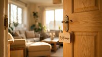 Wooden door with a welcome sign opening to a bright, cozy living room with warm sunlight, neutral tones, and comfortable furniture.
