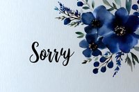 Watercolor sorry card with navy blue flowers and green leaves on textured paper background for apology messages and greeting cards.