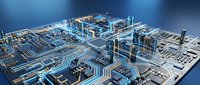 Futuristic circuit board with glowing blue pathways and electronic components on dark background for technology and innovation concepts.