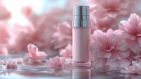 Luxury cosmetic bottle with pink cherry blossoms floating on water surface. Soft pink romantic background for beauty product photography and skincare branding.