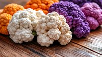 Fresh colorful cauliflower varieties lined up on wooden surface, including white, orange, and purple heads showing natural organic produce and healthy food.