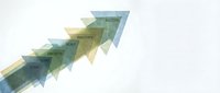 Upward arrow composed of layered transparent currency notes showing growth stages, representing financial progress and business success on isolated white background.