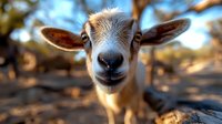 Close-up portrait of young domestic goat with large ears looking at camera, natural farm setting with blurred background. Perfect for agriculture content.
