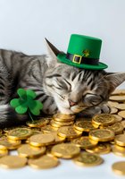 Tabby cat wearing green leprechaun hat resting on pile of gold coins with shamrock clover, St. Patrick's Day celebration theme for holiday marketing and festive design projects.