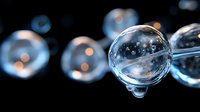 Transparent glass spheres with water drops and bokeh effect on dark background, macro photography showing refraction and reflection of light through crystal balls.