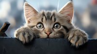 Curious tabby kitten with blue eyes peeking over dark edge, paws hanging down. Close-up portrait shows playful expression and soft fur detail against blurred background.