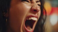 Young woman with dark hair screaming in anger or frustration, showing intense emotion with mouth wide open against blurred colorful background.