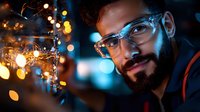 Young bearded Hispanic man in glasses illuminated by warm string lights against dark blue background creates atmospheric nighttime portrait with bokeh effects.