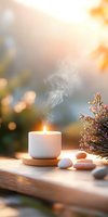 Burning aromatic candle with rising smoke, zen stones and dried flowers on wooden surface against soft bokeh background at sunset, creating peaceful atmosphere.