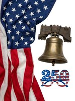 American flag with liberty bell and 250th anniversary emblem celebrating independence and patriotic heritage on white background.
