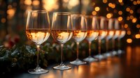 Wine glasses filled with rose wine in line creating depth perspective against blurred warm holiday lights and greenery, elegant party setting on wooden surface.