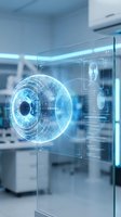 Futuristic biometric eye scanner hologram with digital interface displaying security authentication technology in modern laboratory environment.