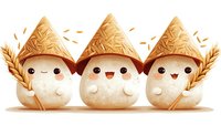 Cute kawaii rice characters wearing traditional Asian cone hats and holding wheat stalks, smiling with happy expressions on white background for children design.