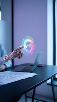 Hand holding glowing neon circular hologram with pink and cyan light effects above desk with laptop and keyboard for technology, innovation, digital transformation concepts.