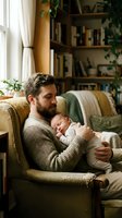 Loving father holding sleeping newborn baby in cozy living room with bookshelves and plants. Tender paternal bonding moment at home.