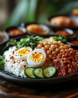 Healthy bowl with rice, chickpeas, boiled egg, cucumber slices, red lentils and fresh herbs served on dark ceramic plate, close up view with selective focus.