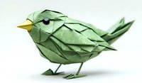 Green origami bird with yellow beak on white background, geometric paper art folded in minimalist style showing delicate craftsmanship and angular design details.