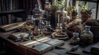 Mystical still life with vintage glass bottles, dried herbs and open ancient books on wooden table near window, perfect for fantasy, witchcraft or alternative medicine themes.
