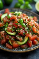 Fresh Mediterranean cucumber tomato salad with herbs and olive oil dressing served in rustic bowl for healthy summer dining and restaurant menu photography.
