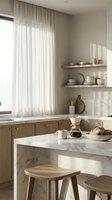 Minimalist kitchen interior with marble countertop, wooden cabinetry, floating shelves, and sheer curtains filtering natural light for home design and decor projects.