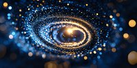 Glowing spiral galaxy with luminous stardust and bokeh lights against dark background creates magical cosmic atmosphere for astronomy and space designs.