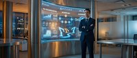 Professional businessman in suit standing confidently in modern office with futuristic holographic data displays and digital interface technology.