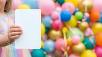 Child holding blank white card with colorful balloons and streamers in background, suitable for birthday party invitations, greeting cards, promotional materials, and festive event advertising.