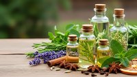 Essential oils in glass bottles with fresh herbs, lavender, cinnamon, star anise on wooden table for aromatherapy, natural wellness and spa treatments.