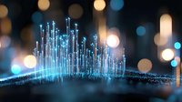 Glowing blue digital wave bars rising from dark surface with bokeh light effects in background, futuristic technology visualization for business analytics.