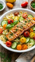 Grilled salmon fillet with bow tie pasta, cherry tomatoes, cucumber and fresh herbs in white bowl on rustic wooden table for healthy dining.
