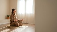 Young Asian woman in beige clothing practicing meditation in minimalist room with natural sunlight streaming through window for wellness and mindfulness.